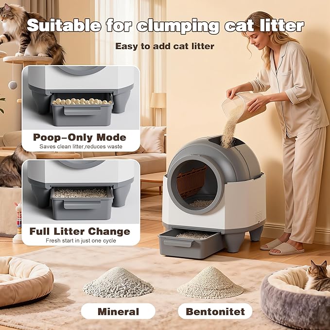 Greesum UltraSmart AutoClean Litter Box - 90L Large Capacity for Multi-Cat Households with Safeguard Tech, APP Control, Odor-Free Design & Mat/1 Roll Litter Bag