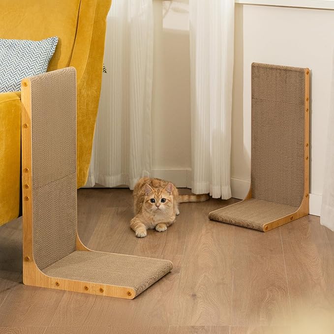 Cardboard Cat Scratcher, 23" L-Shaped Scratch Pad, Vertical Wall-Leaning Scratching Board to Protect Furniture for Indoor Cats,Wood Grain Large,2-Pack
