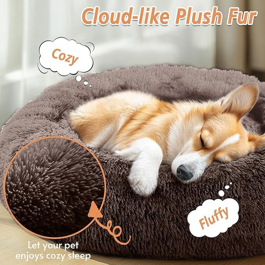 JOLLYVOGUE Calming Dog Bed Medium Size Dog, 31in Donut Washable Medium Pet Bed, Anti-Slip & Anti-Anxiety Fluffy Faux Fur Round Dogs Bed, Fits up to 45 lbs Pets (Chocolate)