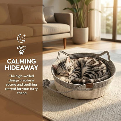 Handwoven Cat Basket with Toy Rope Ball, Foldable Scratchable Cat Hammock Bed, Breathable Cat Basket for Indoor Play Rest Sleeping (Brown)