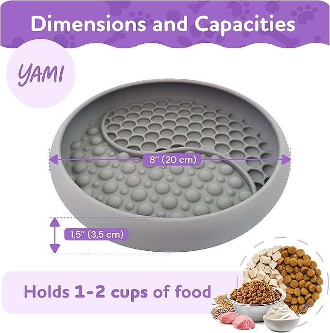 YAMI Dog Lick Bowl, Lick Mat for Dogs, Wet Food Cat Slow Feeder, Freeze Bowl, Enrichment & Puzzle Toy for Anxiety Relief, Food-Grade Silicone, Suction Cups, Dishwasher Fit, for All Breed (Light Gray)