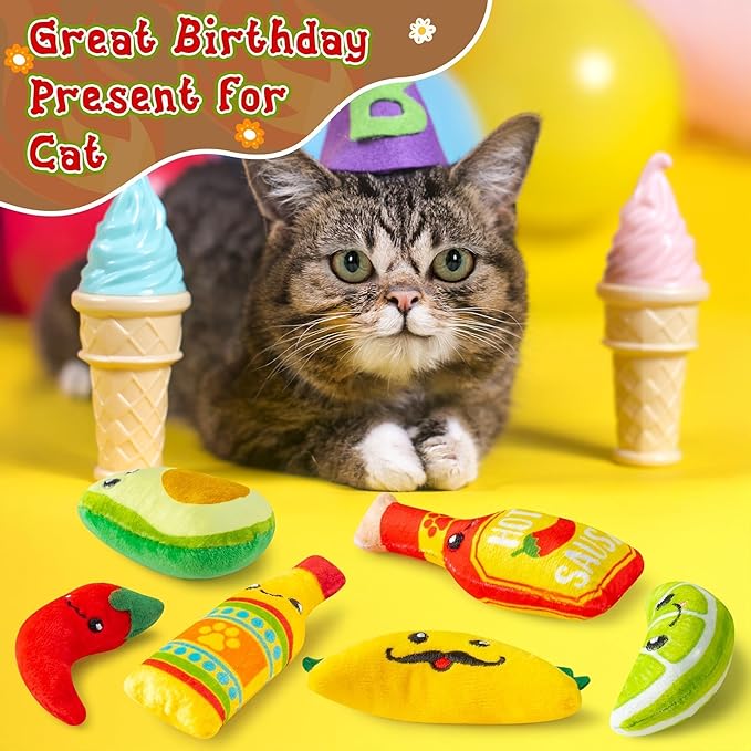 L1rabe Mexican Catnip Stuffed Toys - National Pet Day 6Pcs Cinco de Mayo Carnival Funny Cat Toys for Cat Lovers, Carnival Sause Avocado Indoor Kitten Chew Bite Kick Interactive Pet Supplies Kitten