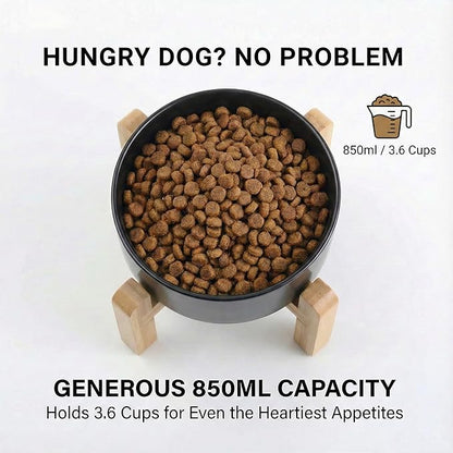 hjn Elevated Ceramic Dog Bowl/Raised Ceramic Dog Bowls with Bamboo Stand, 15°Slanted Raised Pet Feeder for Small Medium Dogs and Cats, Non-Slip Heavy Weighted Design (Black, 3.6Cup)