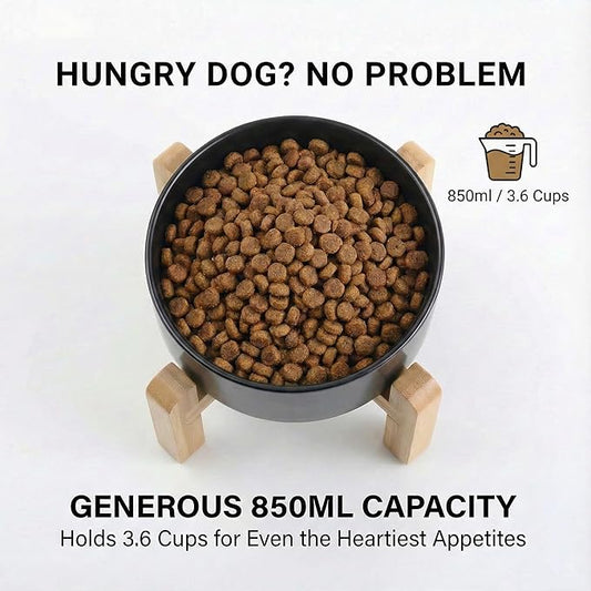 hjn Elevated Ceramic Dog Bowl/Raised Ceramic Dog Bowls with Bamboo Stand, 15°Slanted Raised Pet Feeder for Small Medium Dogs and Cats, Non-Slip Heavy Weighted Design (Black, 3.6Cup)