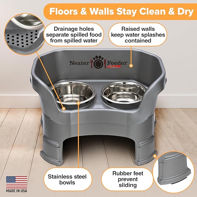 Neater Feeder Deluxe Mess-Proof Elevated Dog Bowls for Medium Dogs (19–40 lbs), 2 Height Adjustable (10” & 12.5”) No-Spill Raised Dog Bowl Stand, Stainless Steel Food Bowl Set, Made in USA, Grey