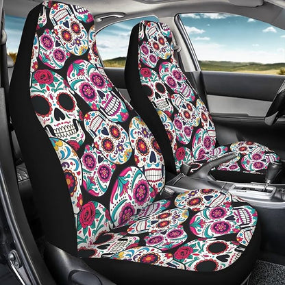 Dreaweet Sugar Skull Design Seat Covers for Cars Halloween Car Accessories Interior 2 Piece Easy Installation Elastic Front Car Seat Cover Washable Universal Fit SUV Sedan Trucks