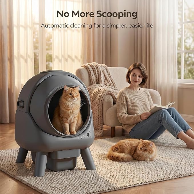 Automatic Litter Box, Self Cleaning Litter Box for Multiple Cats, Smart APP Control & Dual Safety Sensors, 15-Day Large Capacity Waste Bin, Odor Control, Includes Trash Bags,Gray