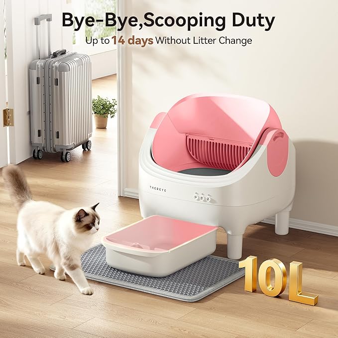 Thereye Self Cleaning Litter Box, Open-Top Automatic Litter Box with Smart App and Safety Sensors, Large Auto Litter Box for Multiple Cats, 10L Waste Bin with Odor Control, Includes Trash Bag, Pink