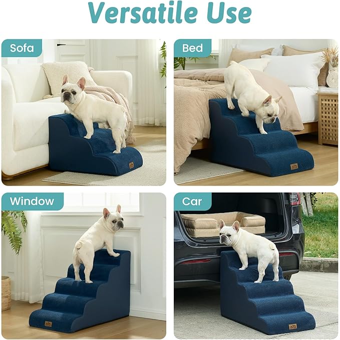 Wide Dog Stairs for Small Dog 15.7" H, Pet Step for Puppy, Older Cat, Curved Ramp for Couch, Durable Anti-Slip Ladder with High Density Foam, 3 Step, 17.7x22.4x15.7 inch, Navy Blue