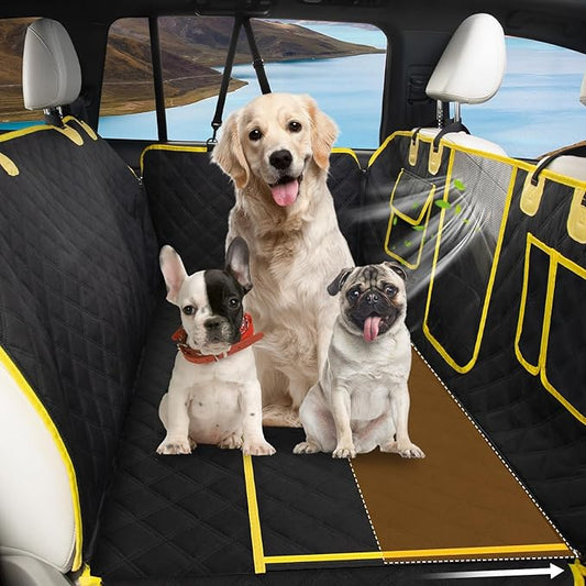 L'AGRATY Dog Car Seat Cover: Waterproof Back Seat Extender for Dogs with Side Flaps - Nonslip Hard Bottom Car Seat Cover for Dogs with Mesh Window: 60/40 Split Bench Dog Hammork Bed for Car SUV Truck