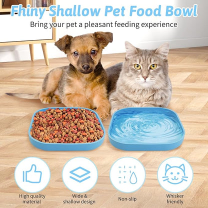 Fhiny 2PCS Silicone Cat Bowls Set 7.1 x 7.1 in Shallow Dog Dish Whisker Friendly Cat Food Plate for Dry & Wet Food Dishwasher Safe Non-Slip Pet Feeding Bowls for Kittens and Puppies (Blue)