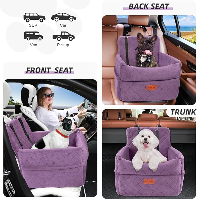 HEGGCOOE Small Dog Car Seat, Memory Foam Dog Booster Seats with Thick Cushion for Medium Dogs Under 35lbs, Detachable Washable Pet Car Seat Bed with Storage Pockets,2 Safety Belts Purple