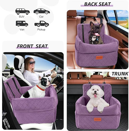 HEGGCOOE Small Dog Car Seat, Memory Foam Dog Booster Seats with Thick Cushion for Medium Dogs Under 35lbs, Detachable Washable Pet Car Seat Bed with Storage Pockets,2 Safety Belts Purple