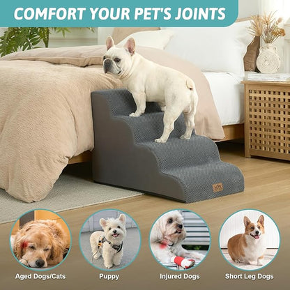 Wide Dog Stairs for Small Dog 19.7" H, Pet Step for Puppy, Older Cat, Curved Ramp for Bed, Durable Anti-Slip Ladder with High Density Foam, 4 Step, 17.7x28x19.7 inch, Dark Grey