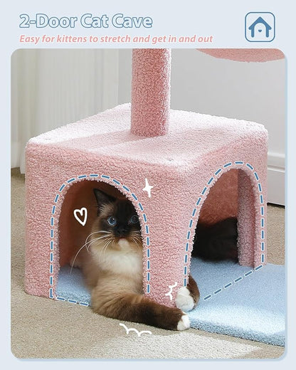 Flower Cat Tree with Large Metal Frame Hammock, 35" Pink Cat Tower with Sisal Scratching Posts for Small Indoor Cats, Cat Condo with Blue Top Perch for Kittens, Fluffy Ball, Pink