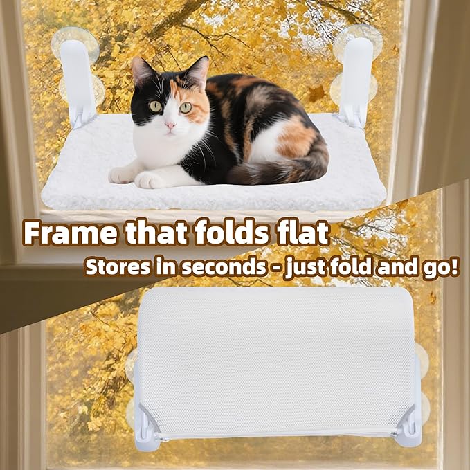 Cat Window Perch, Cordless Foldable Cat Hammock Bed with 4 Suction Cups, Embeded Machine Washable Bed for Indoor Cats, Strong Metal Frame Holds 40lbs (Beige)