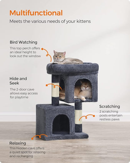 Feandrea Cat Tree, 26.4-Inch Cat Tower, Plush Condo for Kittens up to 7 lb, Large Perch, 2 Caves, Scratching Post, Smoky Gray UPCT611G01