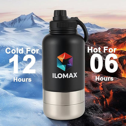 ILOMAX 3-in-1 Insulated Dog Travel Water Bottle, Stainless Steel, with Food & Water Bowls + Extra Magnetic Lid, Leak-Proof, Keeps Drinks Cold 12H/Hot 6H, Portable Hydration, 32oz (Black)