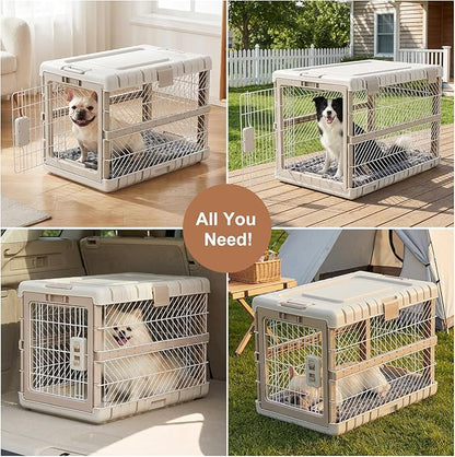 Collapsible Dog Crate with Bed Mat, 28'' Foldable Dog Kennel for Medium Dogs, Tool-Free Portable Cage with 2 Rolling Wheels & Handles, Pet Carrier for Indoor Outdoor