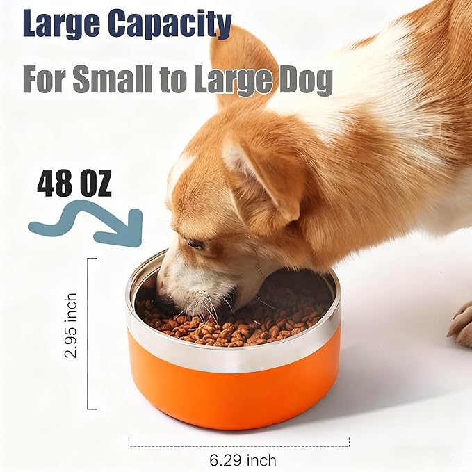 Dog Bowl, Dog Food Water Bowl with Non-Slip Rubber Base, Stainless Steel, Double Wall, Small Medium Large Dogs, 32oz, Pack of 2 (Orange)