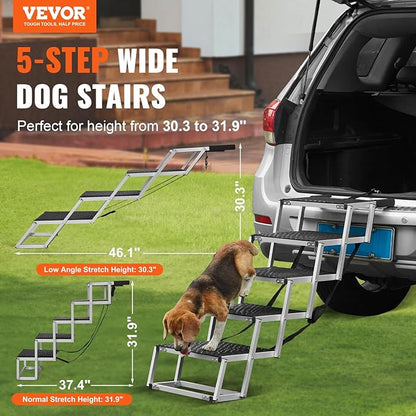VEVOR Dog Stair for Cars, Wide 5-Step Dog Car Steps, Folding Dog Car Ramp with Nonslip Surface, Portable Pet Steps Lightweight Aluminum for Car, SUV and Truck, Supports up to 150 lbs