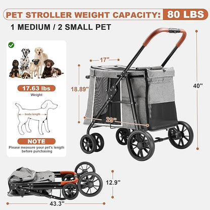 Medium Dog Stroller, Dual Entry One-Touch Folding,Small and Medium Pet Stroller,360° Rotating Front Wheels,80 lbs Weight Capacity for Outdoor Travel and Elderly Dogs - Gray