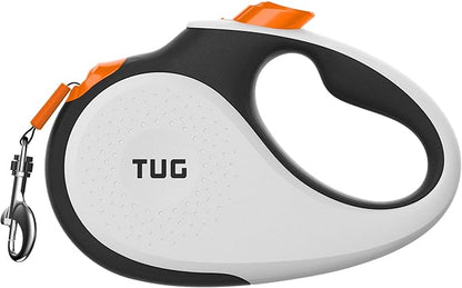TUG 360° Tangle-Free Retractable Dog Leash with Anti-Slip Handle | 16 ft Strong Nylon Tape | One-Handed Brake, Pause, Lock (Small, White/Orange)