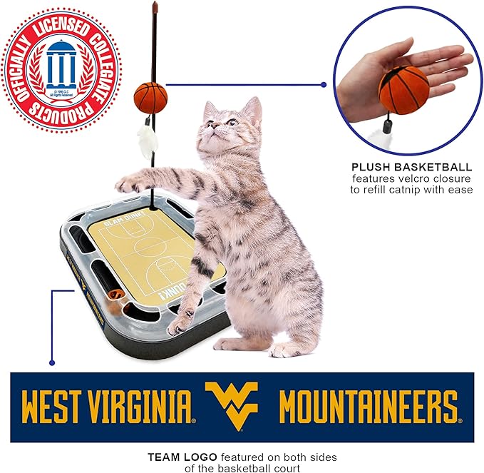 NCAA WEST VIRGINIA Mountaineers REVERSIBLE Basketball Court Felt/Board Cat Scratch Toy with Cat Ball and Wand. Interactive, Catnip-Filled Plush Basketball