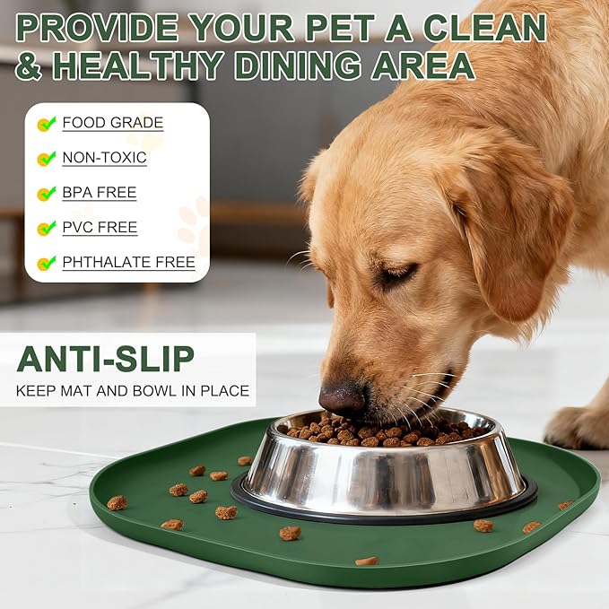 Small Silicone Pet Food Mat with Raised Edge for Food and Water Bowl, Square Dog Feeding Mats, Cat Food Trays for Floor Waterproof, Rubber Tray for Dogs and Cats, 12 x 12 x 0.7 Dark Olive