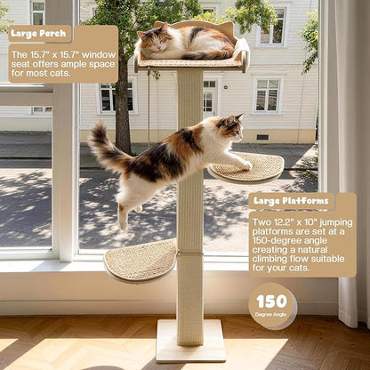 Solid Wood Cat Window Perch with 2 Jumping Platforms, Cat Hammock for Window with Scratching Post, Sisal Tall Cats Scratching Post with Large Perch, Wooden Cats Window Bed with 2 Suction Cups