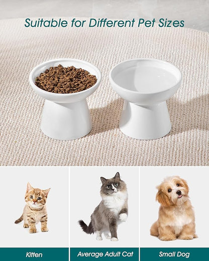 vancasso Elevated Cat Bowls 2-Pack, Ceramic Raised Cat Food and Water Dishes with 5.1" Height & 6.2" Wide Opening - Anti Vomit, Whisker Fatigue Relief for Senior Cats, and Small Dogs (White)