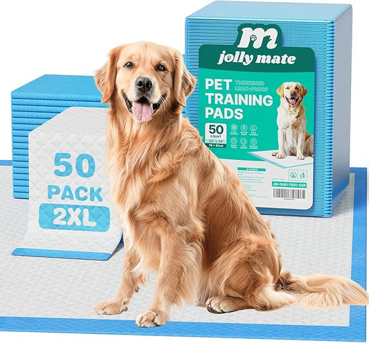 JollyMate 30"x36" Dog Pee Pads Extra Large, 50 Pack XX-Large Super Absorbent Pet Pee Pads with Adhesive Tabs, 6 Layers Thick Leak-Proof Potty Pads for Dogs and Puppies