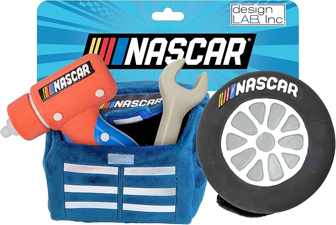 design LAB, Inc. NASCAR Official Merchandise | NASCAR Toy Rubber Race Car, Plush Toy Tool Box & Impact Wrench Gift Set | Interactive Squeaky Pet Toys for Dogs