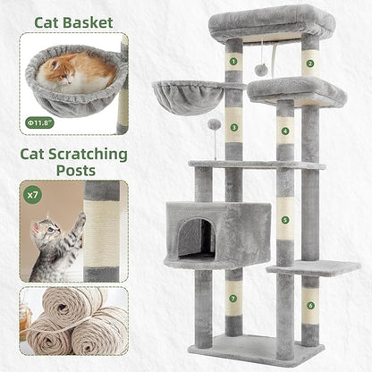 Cat Tree for Indoor Cats, 55.1 inch Cat Tower with 7 Sisal Scratching Posts, Multi-level Cat Condo wit Large Play Platform Furry Ball, Cat Cave, 2 Padded Perches, Basket, Light Gray GCT013W