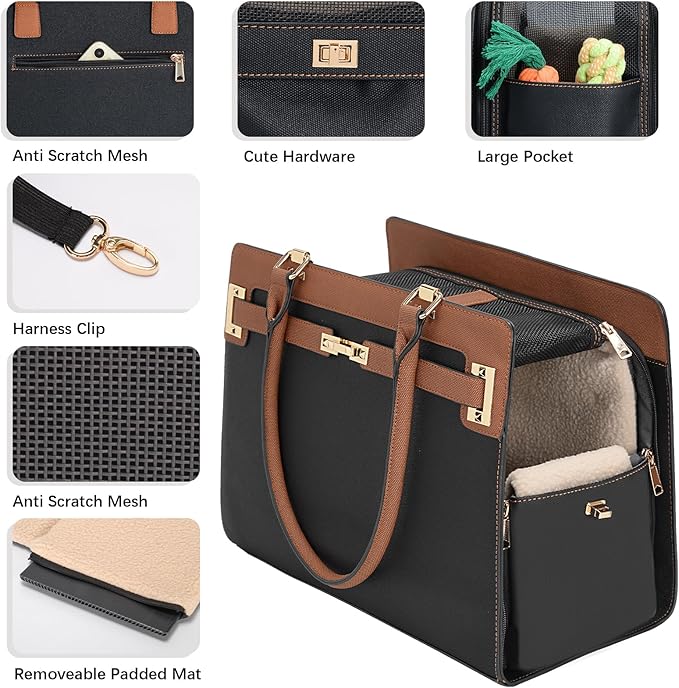 2-in-1 Stylish Dog Purse Carrier Soft-Sided Carriers Travel Tote Bag for Small Dogs Cats, Fashion Foldable Pet Bag for Puppies Small Animals with Pockets (Black+Brown, 15" L x 7.5" W x 12.2" H)