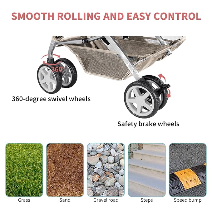 Double Pet Stroller, Foldable Stroller for 2 Dogs & Cats, Two-Seater Carrier Twin Dog Walk Jogger Travel Pet Carriage Cart with Storage, Gray