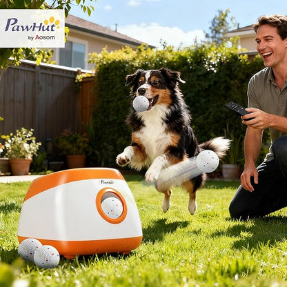 PawHut Automatic Dog Ball Launcher, Rechargeable Dog Ball Thrower with Remote Control, 3 Adjustable Distance (40ft/60ft/80ft), 6 ETPU Tennis Fetch Toys 2.5", Low Noise, for Medium Large Breeds, Orange