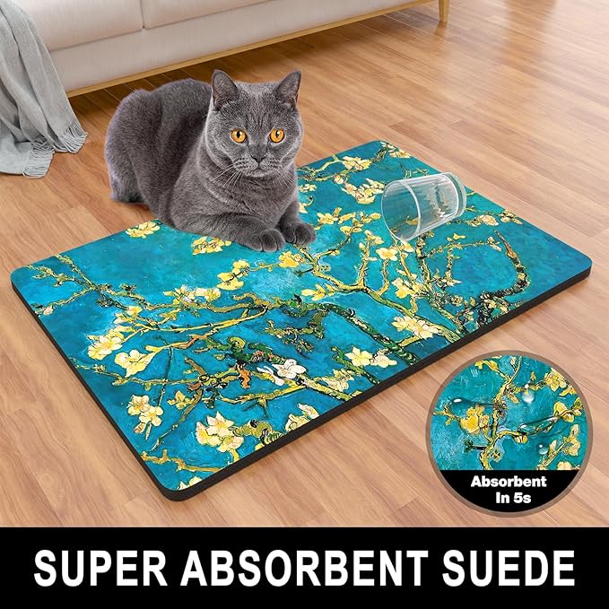 Dog Food Mat, 12" x 19" Flower Absorbent Dog Cat Bowl Mat for Food and Water, Cute Anti-Slip Rubber Pet Feeding Rug Protect Floors, Placemat for Feeding & Watering Supplies, Green
