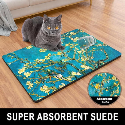 Dog Food Mat, 12" x 19" Flower Absorbent Dog Cat Bowl Mat for Food and Water, Cute Anti-Slip Rubber Pet Feeding Rug Protect Floors, Placemat for Feeding & Watering Supplies, Green