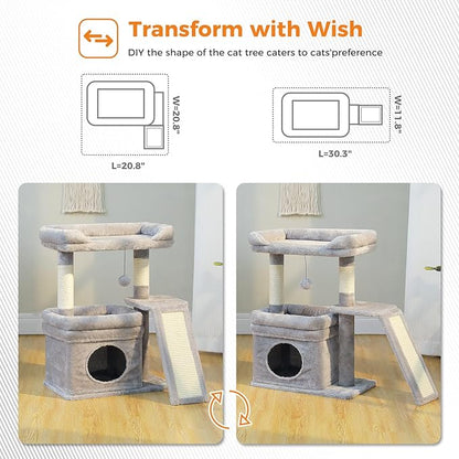 PEQULTI Small Cat Tree Tower for Large Adult Cats with Wide Top Perch, Private Cat Condo and Sisal Scratching Post&Pad for Indoor Cats, Gray