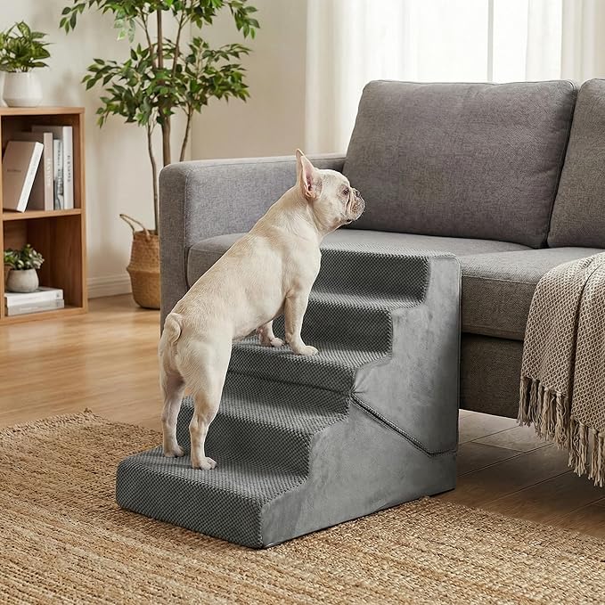 Dog Stairs for Small Dogs 22" H, 2-in-1 Transformable 5-Step Pet Stairs and Ramp, Dog Steps for Bed with Non-Slip Bottom and Washable Cover(Gray)