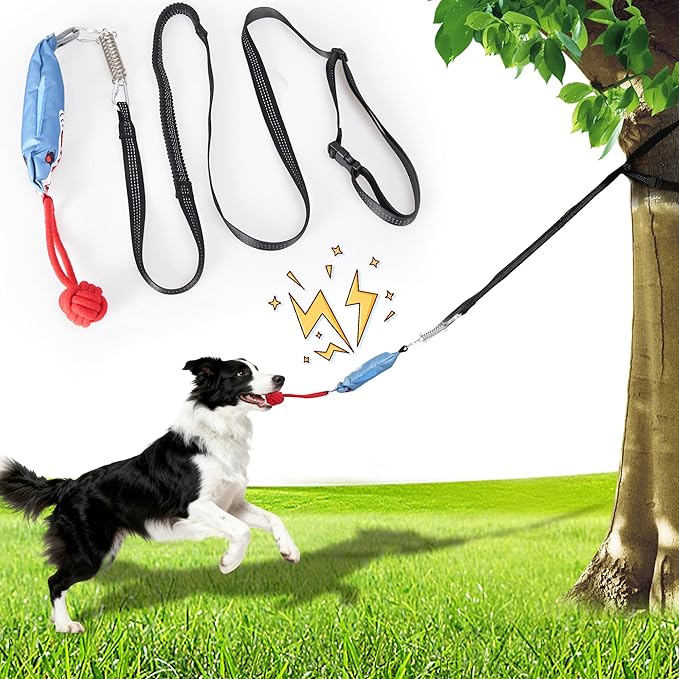 Dog tug of war Toy with Squeak,Interactive Dog Pull Toy from Tree to Keep Them Busy, Multifunctional Combination Tether tug Toy with chew Ball