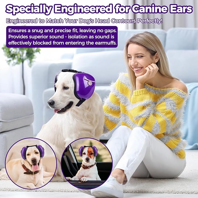 New Dog Ear Muffs for Noise Protection - 30dB NRR Dog Headphones, Noise Cancelling Hearing Protection Against Thunder/Fireworks/Vacuums, Upgraded Design with Bell Accent (Purple, Large)