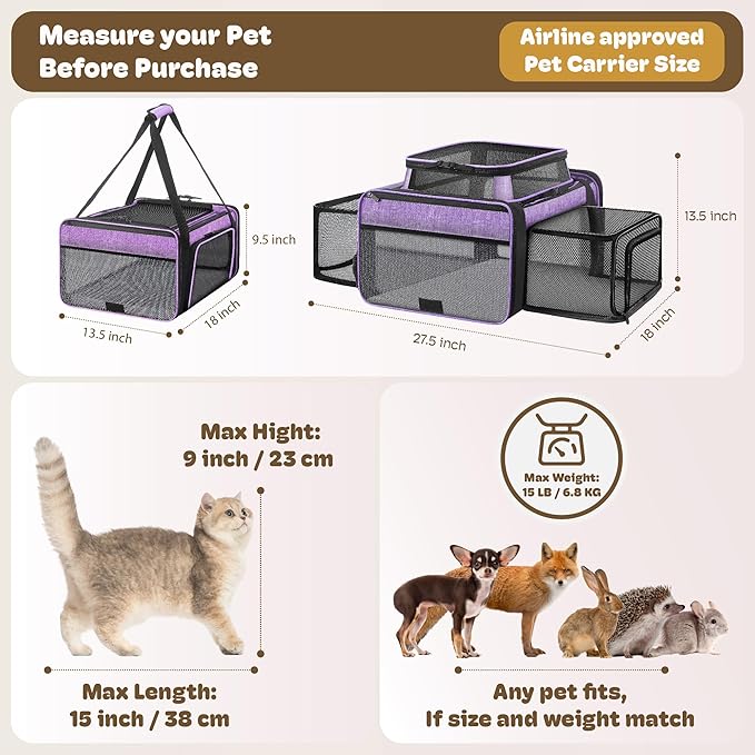 Top and 2 Sides Expandable Cat Carrier 18x13.5x9.5, TSA Airline Approved Dog Carriers for Small Dogs, Soft-Sided Pet Carrier with Self-Locking Zippers for Kitten,Rabbit, Puppy Purple