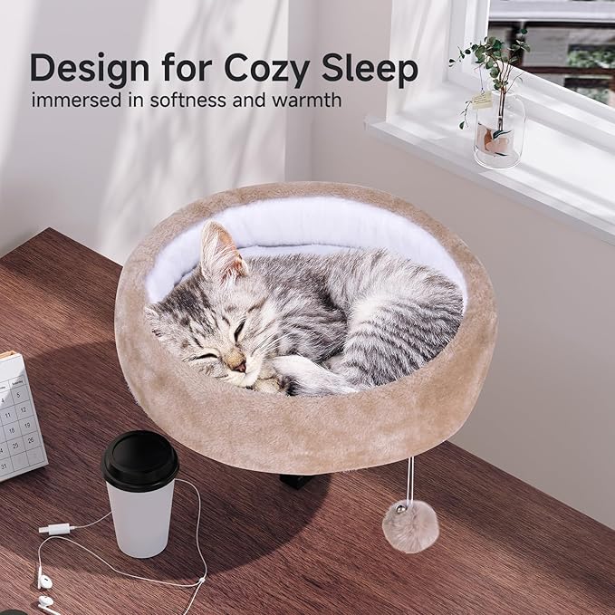 Cat Desk Bed - 360° Rotating & Adjustable, Supports 50 lbs, Soft Faux Fur with Dual-Sided Reversible Mat, Modern Indoor Cat Nest Furniture for Office Desks and Game Tables, Island Table