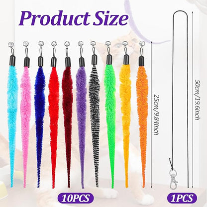 Cat Worm Toy, 10 Pcs Fuzzy Cat Wand Attachment Toys Accessories Funny Interactive Cats Feather Toy with 1 Pcs Black String for Indoor Cats Kittens Pets Toys