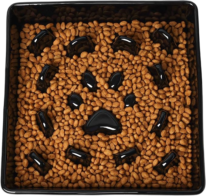 GDCZ Dog Slow Feeder Bowls, Square Ceramic Pet Food Bowl for Medium Breed, Fun Dog Bowls to Slow Down Eating (Black, M-1.8 Cups)