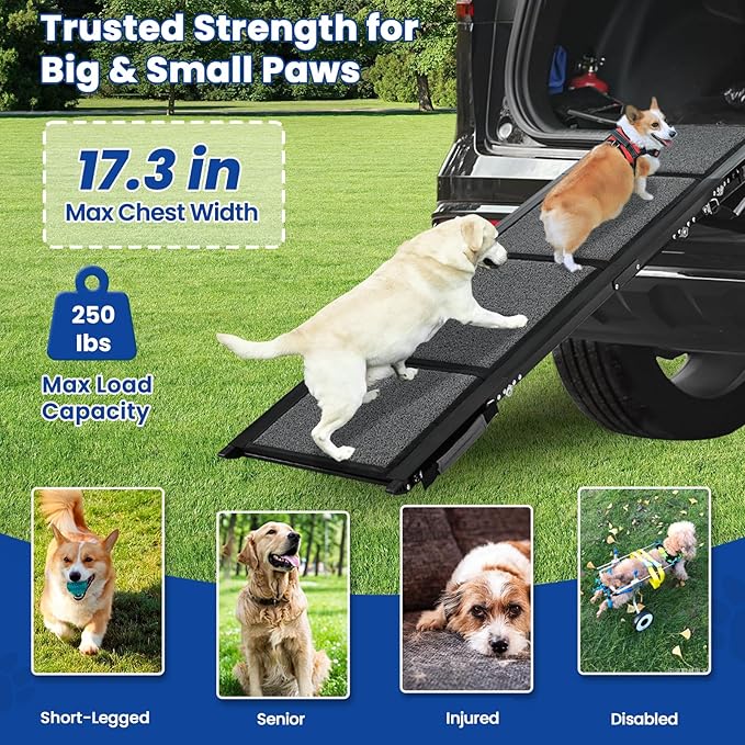 Dog Ramp for Car, Pawlify 71" x 17.3" Dog Ramps for Large Dogs with Anti-Pinch Handle and Anti-Slip Rug Surface, Folding Dog Ramp Up to 250LBS, Portable Dogs Car Ramp for SUV, Trucks