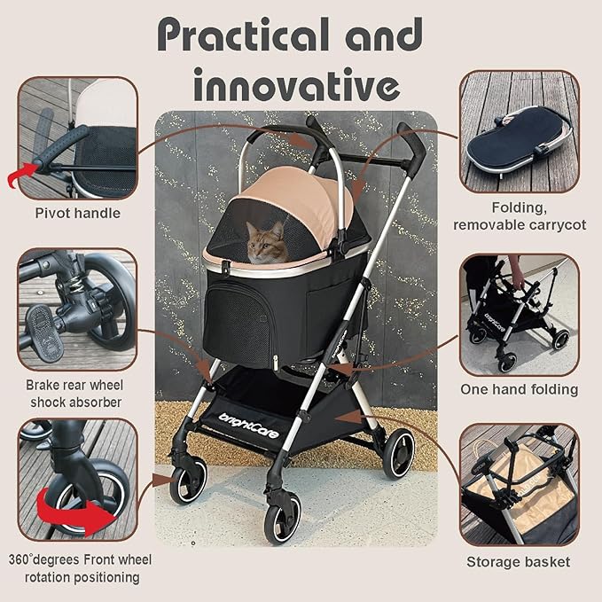 Pet Stroller for Small Dogs & Cats Under 20 lb with Detachable Carrier, Converts to Car Seat, Ultra-Lightweight only 11lb, One Hand Fold
