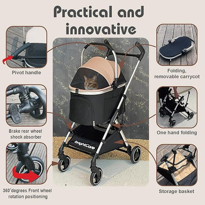 Pet Stroller for Small Dogs & Cats Under 20 lb with Detachable Carrier, Converts to Car Seat, Ultra-Lightweight only 11lb, One Hand Fold